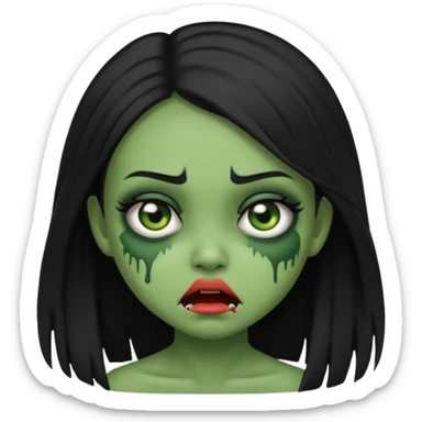 cute expression half-zombie girl emoji, straight black hair, green skin, no text sticker