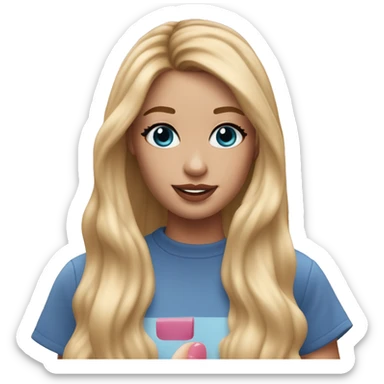 a 30 year old girl who looks like margo robbie wearing make up, has long blonde hair, blue eyes and is scrolling through tiktok  sticker