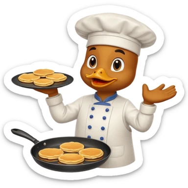 A chef duck wearing a tiny apron, flipping pancakes on a pan sticker