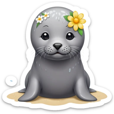 Seal on the beach with the flower on the head sticker