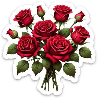 A surreal bouquet of Gothic roses, their petals drenched in crimson hues, from Venetian red to rustic tones, glowing against a dark, misty backdrop. The air is heavy with an eerie, romantic atmosphere, as if the flowers hold secrets of the past.
 sticker