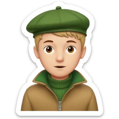 young man with pixie cut, green wool hat, tan jacket and pork chop sideburns sticker