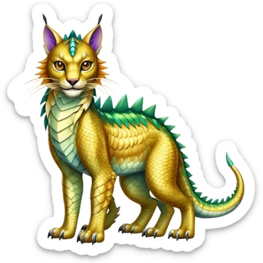 Shiny exotic iridescent Dragon-Tiger-type Lynx-Caracal-Crocodile-Bobcat-Fakémon-creature with a long muzzle, full body sticker