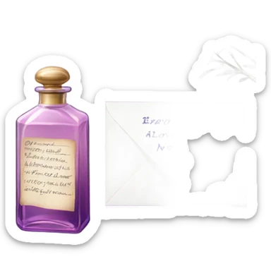 Aesthetic still life of soft violet mimosa flowers, a vintage-style pink perfume bottle, and a lavender love note delicately placed in an envelope.
 sticker