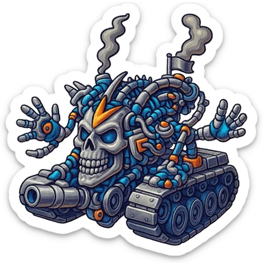 Edit the skull robot tank to have 4 distinct arms, all metal parts shiny silver with some non-metal elements featuring vibrant color accents. Maintain the retro stickers style with a clean outline and transparent background. sticker