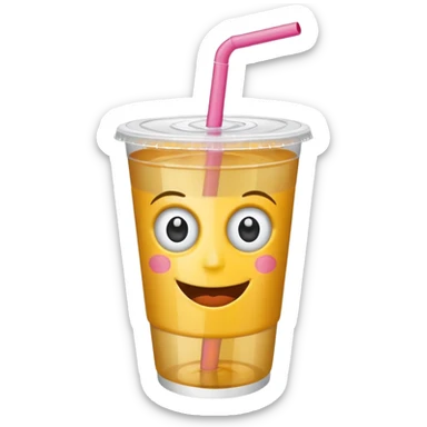 drink in a plastic cup and straw, the cup has eyes and mouth sticker