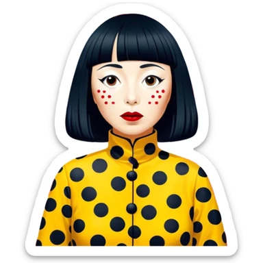 Yayoi Kusama – Cinematic Realistic Portrait of Yayoi Kusama, depicted as an avant-garde artist with an eccentric, captivating expression surrounded by her iconic polka dot patterns, rendered with vivid textures and imaginative lighting that evokes her unique, surreal creative world. sticker