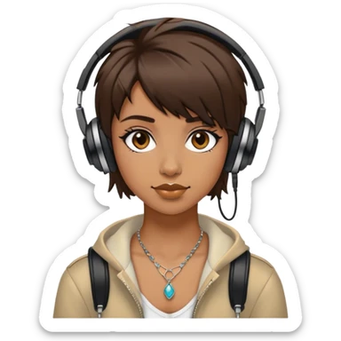 cool girl with short shaggy brown hair with a nose piercing and black headphones and cool jewelry sticker
