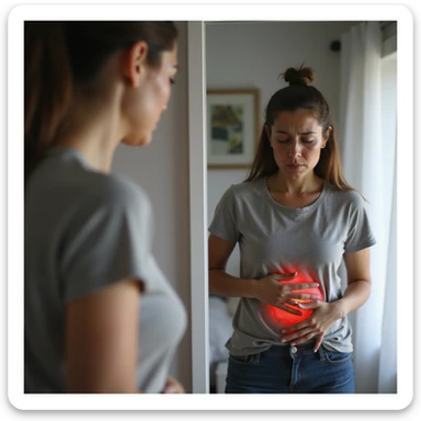 adult woman, photorealistic, intestinal discomfort, standing in front of mirror, hands on abdomen, worried look, natural light, bathroom background sticker