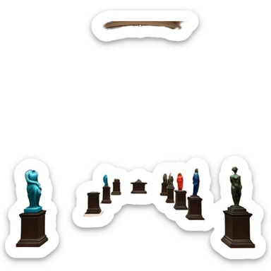 An icon featuring an elegant art gallery with classic paintings hanging on the walls, and sculptures displayed on pedestals. Visitors admire the exhibits, capturing the essence of culture, history, and art. Set against a transparent background. sticker