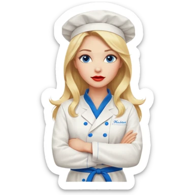 Beautiful, sexy,  long blonde hair, blue eyed, full red lips plunging v neck chefs coat, female chef arms folded  sticker