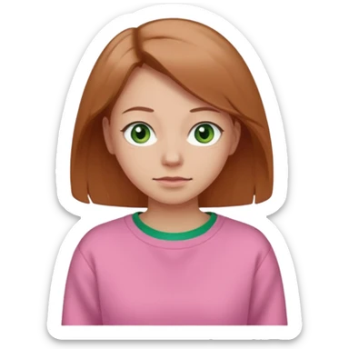  Una donna con una felpa semplice rosa, senza cappuccio. i capelli sono lunghi fino alle spalle marroni chiaro,gli occhi sono verdi e la bocca è contenta ma non sorride sticker