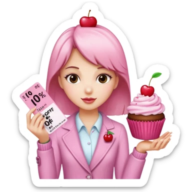 make a elegant girl with a ticket in her hand that says 10 precent off, and in the other had put a cupcake sticker
