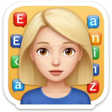 a woman talking and English letters around her sticker