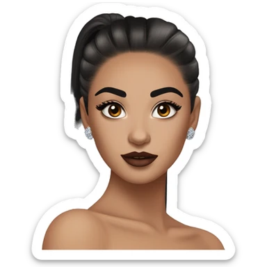 Alexa Demie euphoria show: warm brown eyes, bold black sharp eyeliner, sparkly rhinestones on eyes, dark arched brows, full nude-berry lips, light skin, high cheekbones, sleek dark brown long straight hair in ponytail.

 sticker