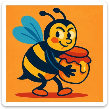 a sneaky bee holding a stolen honey jar, vibrant colors, cartoon style sticker