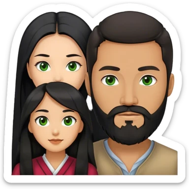 Asian woman with black long hair together with European guy who has black beard, green eyes  sticker