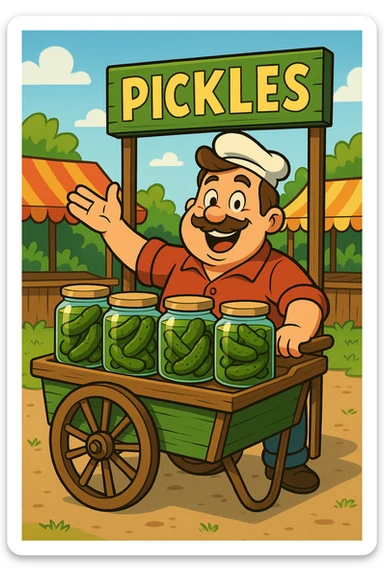 a cheerful man selling pickles from a cart, cartoon style sticker
