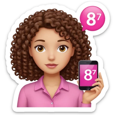 Curly hair Median, Brunette, wearing a pink blouse with *87* written on it. sticker