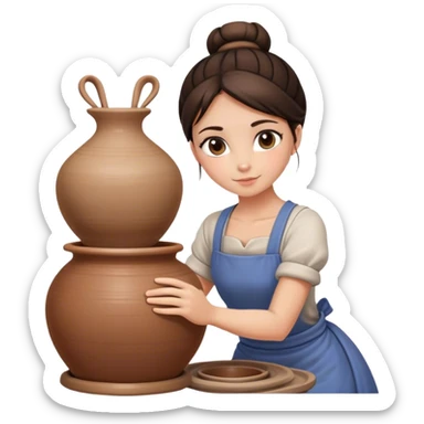 Brunette girl with bun, behind pottery wheel sticker