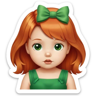 baby girl with  1  bow   red blond mix hair  in green dress  sticker