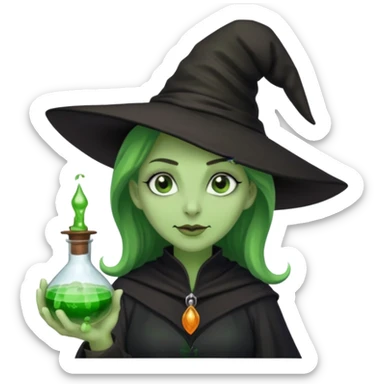 Witch with Green Skin – long-nosed witch in black hat holding potion sticker