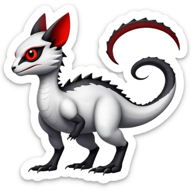 a white exotic edgy vernid-fionbr-Fakémon-creature, with black belly and red eyes, full body sticker