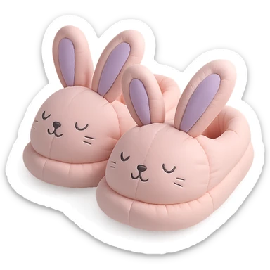 pair of bunny slippers with floppy ears and embroidered eyes, cozy and rounded, pastel palette, cushion style sticker