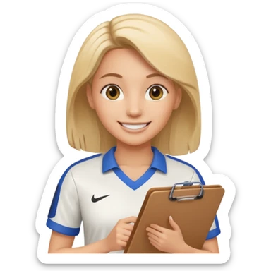 smiling female soccer mentor with a clipboard sticker