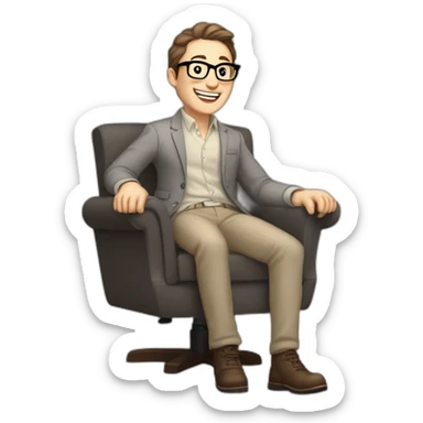 Joyful Celebrating victory thrumb up Pale skinned Fit Man With dark brown hair in gray jacket, beige office shirt, Brown pants and vintage glasses sitting In a soft chair sticker