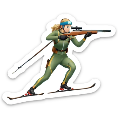 An icon featuring snow-covered trees, distant mountains, and a clear blue sky with a biathlete in motion, holding a rifle and skiing across a snowy course. Transparent background highlights the precision, endurance, and excitement of biathlon. sticker