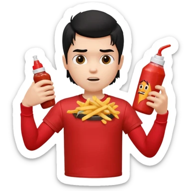 generate a pretty fair bratz boy with a messy mullet (black hair), wearing a red tshirt. eating fries, big biceps sticker