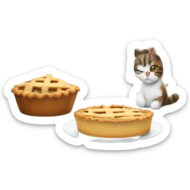 Make a cozy kitchen-themed emoji of a homemade pie cooling on a window ledge, with a friendly cat sitting nearby, looking at the pie sticker