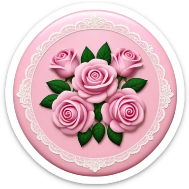 A round pink button with light cream damask lace and pink roses sticker