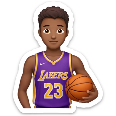 generate an ios genmoji of a handsome dark 20 year old in a purple lakers basketball jersey, basketball in hand, smirking sticker