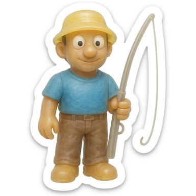 Edit the fisherman figure to have pants and make the fishing pole more noticeable. Maintain the style of a full-body, retro 90's toy with very transparent and slightly see-through appearance, natural tan skin, blue shirt, yellow hat, large white eyeballs with small black pupils, soft plastic texture, soft reflections, soft and squishy feel, some cloudiness, not shiny, highly detailed and appealing. No tag and no background. sticker
