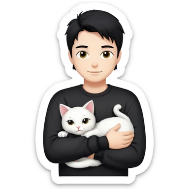 A bad boy with black hair wearing a sweatshirt happily hugs a white cat sticker