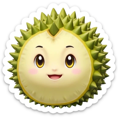 A chibi-style round durian character with green spiky shell and yellow flesh, blushing and shy with sparkly eyes – pastel tones sticker
