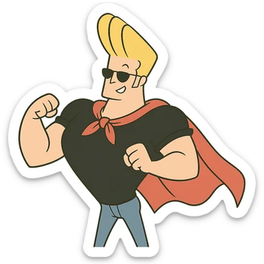 johnny bravo cartoon character, wearing a superhero cape, cartoon style sticker
