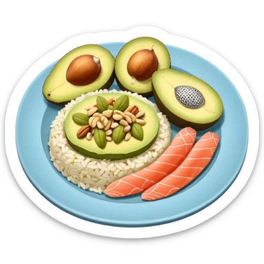 plato con comida variada granos aguacate rebanado salmon nueces arroz

 sticker