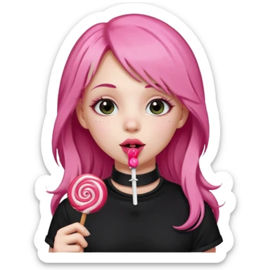 Cute girl with long pink hair wearing black, and a cute choker  licking a lolli sticker