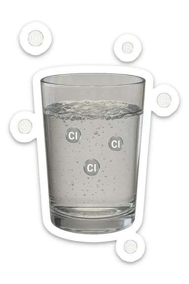 un bicchiere di acqua fluttua in aria realistico e dettagliato, dentro l'acqua del bicchiere ci sono particelle di cloro ben visibili con la scritta "Cl" sopra, ci sono particelle anche che escono dal bicchiere e fluttuan
o in aria verticalmente, mentre alcune sono all'interno dell'acqua nel bicchiere, iperrealistico 4k sticker