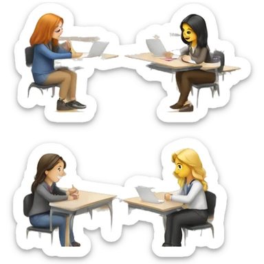 3 European students at school desks. they are chatting sticker