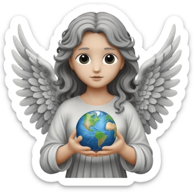Angel statue (All gray/Rock) long wavy hair hollow eyes feathered wings holding the world (White and Black)  sticker