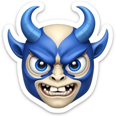 blue demon emoji face with big expressive eyes and curved horns sticker