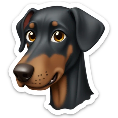 a black Doberman with brown spots smiles widely, it should be clear that he is wearing a gray sweatshirt and glasses with black frames sticker