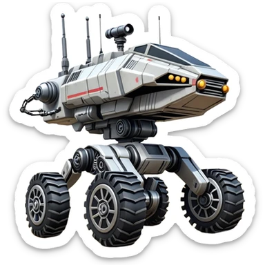Star Wars jumping 8-wheel armored canine sporty self-balancing massive mech trail assault vehicle motor-in-wheel side-hill leaning actively robotically articulating hydraulic independent suspended pod gimbal enemy mech off-road racing rover with large fast engine basher crawler megatron  sticker