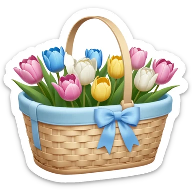 A white Picnic basket with pastel blue bow, white peonie, tulips sticker