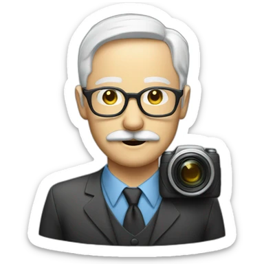 middle age white man mustache glasses with a camera sticker