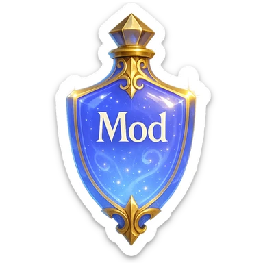 Crystal, exceptionally luxurious elixir bottle in shield shape, color #7986cb, with inscription 'Mod', maximum glow, edges, ornaments, golden details, magical effects, unique shape accents, transparent background, beautiful seamless bottom, bottle clearly floating in air, no base or shadow, very luxurious, modern, fits collection. sticker